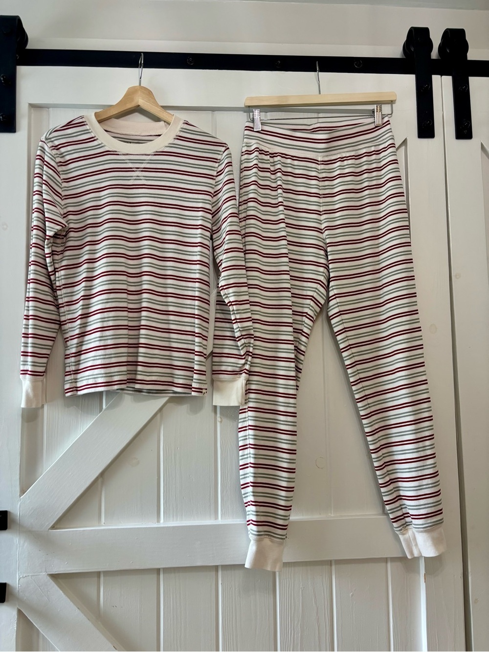 PACT Organic Cotton Burgundy Red Sage Green Striped Long Sleeve Pajama Set S - Picture 2 of 10